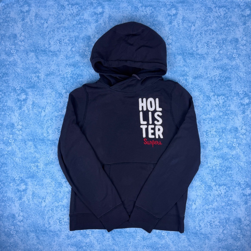 Hollister Big Tag Mens Navy Blue Surfers Logo Pullover Hoodie Sweatshirt Size L